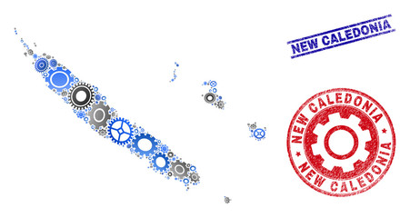 Repair workshop vector New Caledonia Islands map collage and stamps. Abstract New Caledonia Islands map is composed with gradient random gears. Engineering geographic plan in gray and blue colors,