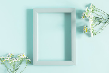 Beautiful flowers composition. Blank frame for text, spring and summer chamomile white flowers on pastel blue background. Flat lay, top view, copy space
