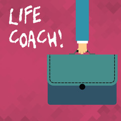 Word writing text Life Coach. Business photo showcasing demonstrating employed to help showing attain their goals career Businessman Hand Carrying Colorful Briefcase Portfolio with Stitch Applique