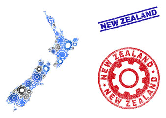 Service vector New Zealand map mosaic and seals. Abstract New Zealand map is constructed of gradiented randomized gearwheels. Engineering territory scheme in gray and blue colors,