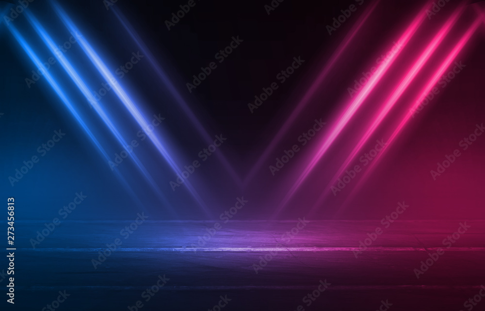 Poster empty background scene. dark street reflection on wet asphalt. rays of neon light in the dark, neon 
