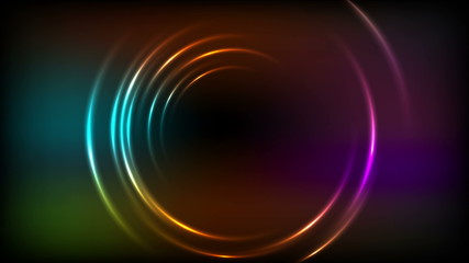 Shiny glowing colorful neon rings abstract background