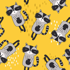 Happy raccoons, hand drawn backdrop. Colorful seamless pattern with animals. Decorative cute wallpaper, good for printing. Overlapping colored background vector. Design illustration
