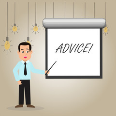 Writing note showing Advice. Business concept for Learn to be good at advicing showing, businesses Man in Necktie Holding Stick Pointing White Screen on Wall