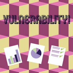 Writing note showing Vulnerability. Business concept for Information susceptibility systems bug exploitation attacker Presentation of Bar, Data and Pie Chart Graph on White Paper
