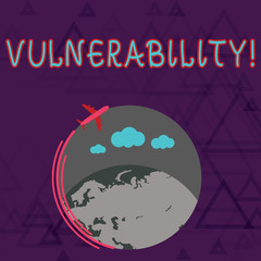 Writing note showing Vulnerability. Business concept for Information susceptibility systems bug exploitation attacker Airplane Flying Around Colorful Globe and Blank Text Space