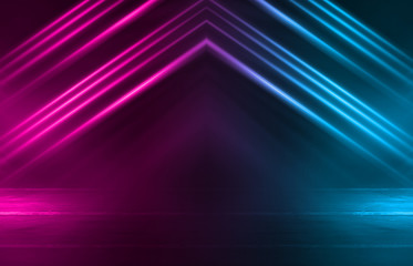 Fototapeta premium Empty background scene. Dark street reflection on wet asphalt. Rays of neon light in the dark, neon figures, smoke. Background of empty stage show. Abstract dark background.