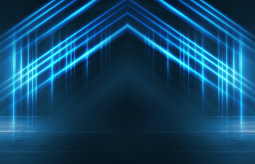 Empty background scene. Dark street reflection on the wet pavement. Rays  neon light in the dark, neon figures, smoke. Night view of the street, the city. Abstract dark background.