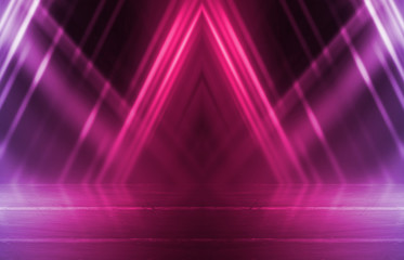 Empty background scene. Dark street reflection on wet asphalt. Rays of neon light in the dark, neon figures, smoke. Background of empty stage show. Abstract dark background.