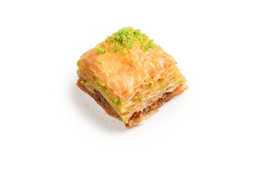 Pistachio baklava on a white background. Dessert.