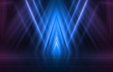 Empty background scene. Dark street reflection on wet asphalt. Rays of neon light in the dark, neon figures, smoke. Background of empty stage show. Abstract dark background.