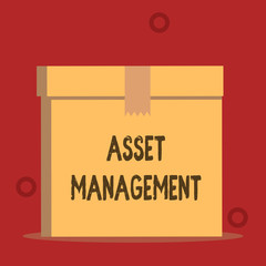 Word writing text Asset Management. Business photo showcasing systematic process of operating and disposing of assets Close up front view open brown cardboard sealed box lid. Blank background