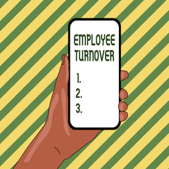 Handwriting text Employee Turnover. Conceptual photo Number or percentage of workers who leave an organization Closeup of Smartphone Device Held in Hand with Empty Screen and Text Space