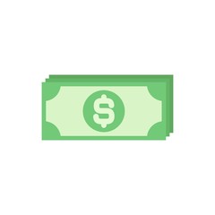 Green bank notes with dollar sign. Flat icon isolated on white. Money pictogram.