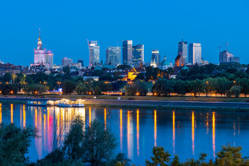 Fototapeta premium Warsaw Skyline Evening River View In Poland