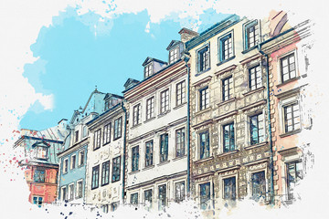 Watercolor sketch or illustration of a beautiful view of European old apartment buildings