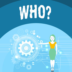 Writing note showing Whoquestion. Business concept for Asking for specific name of someone showing demonstratingality Woman Presenting the SEO Process with Cog Wheel Gear inside