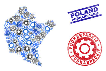 Service vector Podkarpackie Voivodeship map collage and seals. Abstract Podkarpackie Voivodeship map is composed from gradient randomized gearwheels.