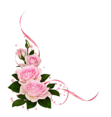 Pink rose flowers with green leaves and satin ribbons in a corner arrangement
