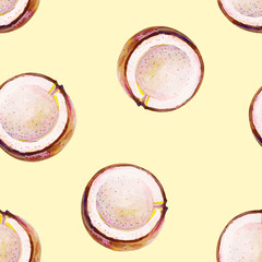 Gouache seamless summer tropical pattern with coconuts on a yellow background