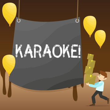 Text sign showing Karaoke. Business photo showcasing Entertainment singing along instrumental music played by a machine Man Carrying Pile of Boxes with Blank Tarpaulin in the Center and Balloons