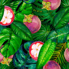 Gouache seamless summer tropical pattern with tropical leaves and mangosteens on a dark background
