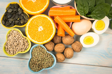 Ingredients containing vitamins B1 (thiamine). Healthy eating concept.