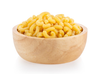 macaroni pasta in wood bowl close up  isolated on white background. full depth of field