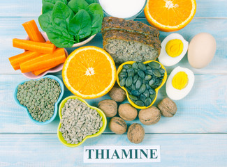 Ingredients containing vitamins B1 (thiamine). Healthy eating concept.