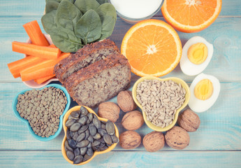Ingredients containing vitamins B1 (thiamine). Healthy eating concept.