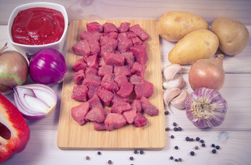 Ingredients for the preparation of traditional Hungarian goulash.