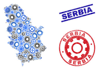 Workshop vector Serbia map composition and stamps. Abstract Serbia map is created from gradiented scattered cogwheels. Engineering geographic scheme in gray and blue colors,