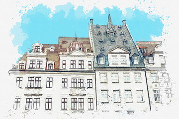 Fototapeta premium Watercolor sketch or illustration of a beautiful view of traditional old buildings in Leipzig in Germany.