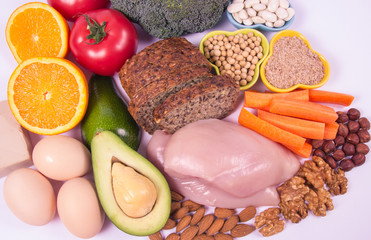 Nutritious products containing vitamin B3 (PP, niacin) and other natural minerals, concept of healthy nutrition. White background.