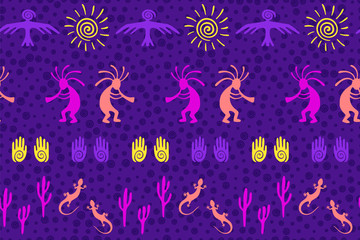Traditional, design with lizard, Kokopelli fertility deity, sun, eagle, cacti.