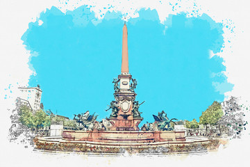 Watercolor sketch or illustration of a beautiful view of the old city fountain in Leipzig in Germany.