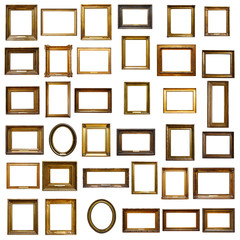 Set of three vintage golden baroque wooden frames on isolated background