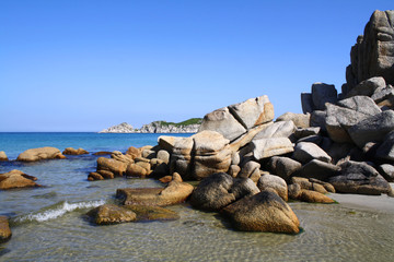 Beautiful landscape of a blue evening sea, horizon and rocks