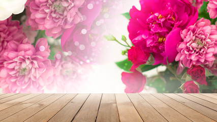 Delicate background of flowers peony. Blurred floral background. Wooden old table on the background of a blooming bouquet