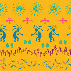 Folk, design with lizard, Kokopelli fertility deity, sun, eagle, cacti.