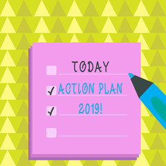 Writing note showing Action Plan 2019. Business concept for proposed strategy or course of actions for current year To Do Check List Planner Sheets with Tick Box and Marker Pen