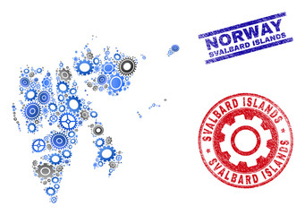 Repair service vector Svalbard Islands map collage and stamps. Abstract Svalbard Islands map is designed from gradiented random gear wheels. Engineering territory plan in gray and blue colors,