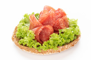Sandwich with salami sausage on white background.