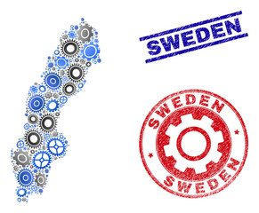 Service vector Sweden map collage and stamps. Abstract Sweden map is composed with gradiented randomized cogs. Engineering geographic scheme in gray and blue colors,