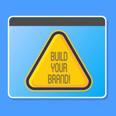 Obraz premium Word writing text Build Your Brand. Business photo showcasing creates or improves customers knowledge and opinions of product Blank Yellow Embossed Triangle with Border as Web Button In Tablet Screen