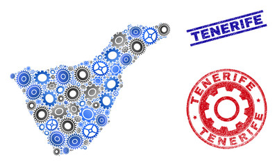 Gear vector Tenerife map composition and seals. Abstract Tenerife map is organized with gradient random cogs. Engineering territorial plan in gray and blue colors,