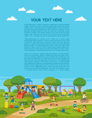 Happy excited kids having fun together on playground. Children play outside with sky background. Colorful isometric playground elements with Kids. Template for advertising brochure.