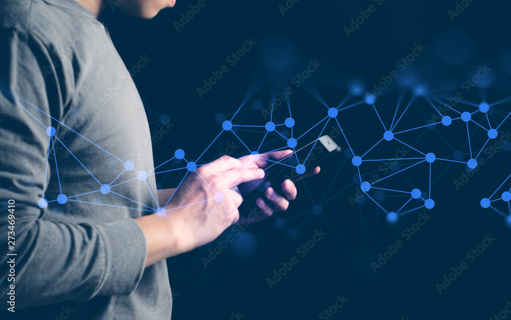 Poster businessman and technology data smartphone use to touch on screen for social network cyber internet 