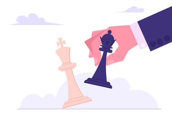 Business Strategy. Black King Tilting White King Chess Piece. Victory in Battle Concept, Planning and Management, Winning Success, Checkmate or Loss in Business. Cartoon Flat Vector Illustration
