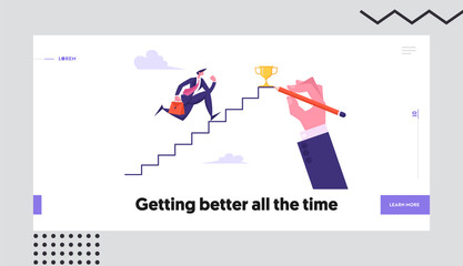 Fototapeta na wymiar Business Man Aiming to Ladder Top with Gold Cup. Businessman Character Running Up Stairs to Reach Success. Goal Achievement Website Landing Page, Web Page. Cartoon Flat Vector Illustration, Banner